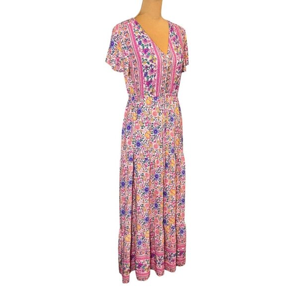 R Vivimos Tiered Floral Maxi Dress Sz.S Pink Short Sleeve Cottage Boho Romantic - Picture 4 of 16